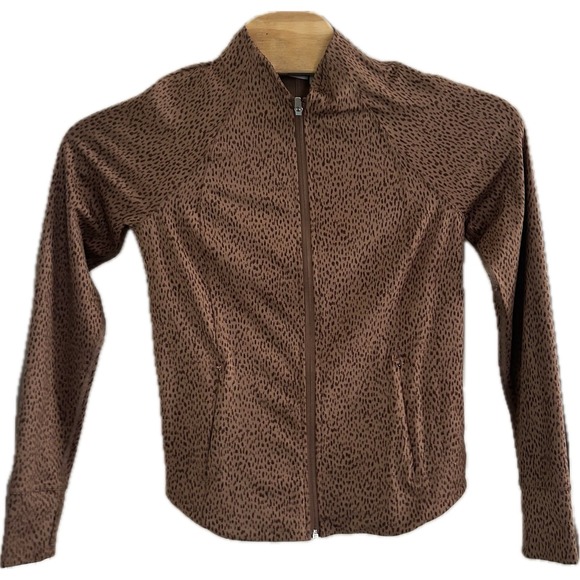 Athleta Salutation Jacket Womens Medium Brown Full Zip Long Sleeve Leopard‎ Yoga - Picture 1 of 6